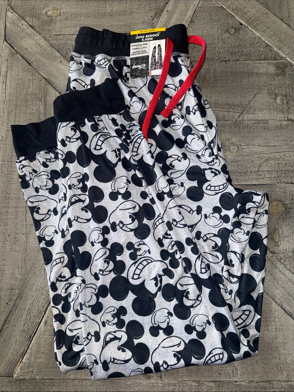 Disney Mickey Mouse Men’s Jogger Pants Gray Black Red strings Size L NWT